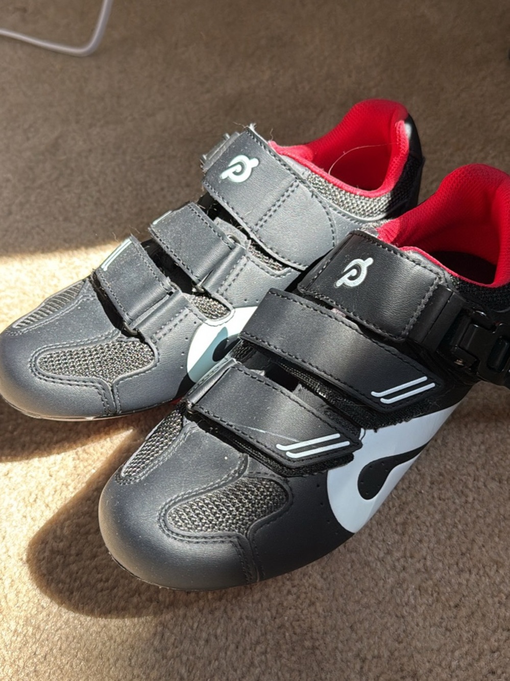 Peloton Black White Cycling Shoes with Red Lining